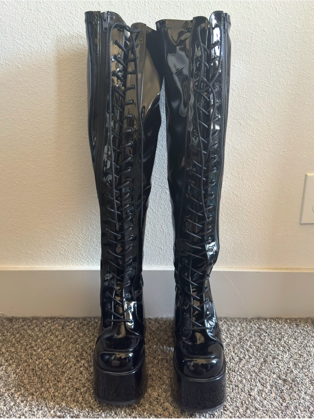 Demonia Camel 300 Black Patent Lace-Up Over-the-Knee Platform Boots
